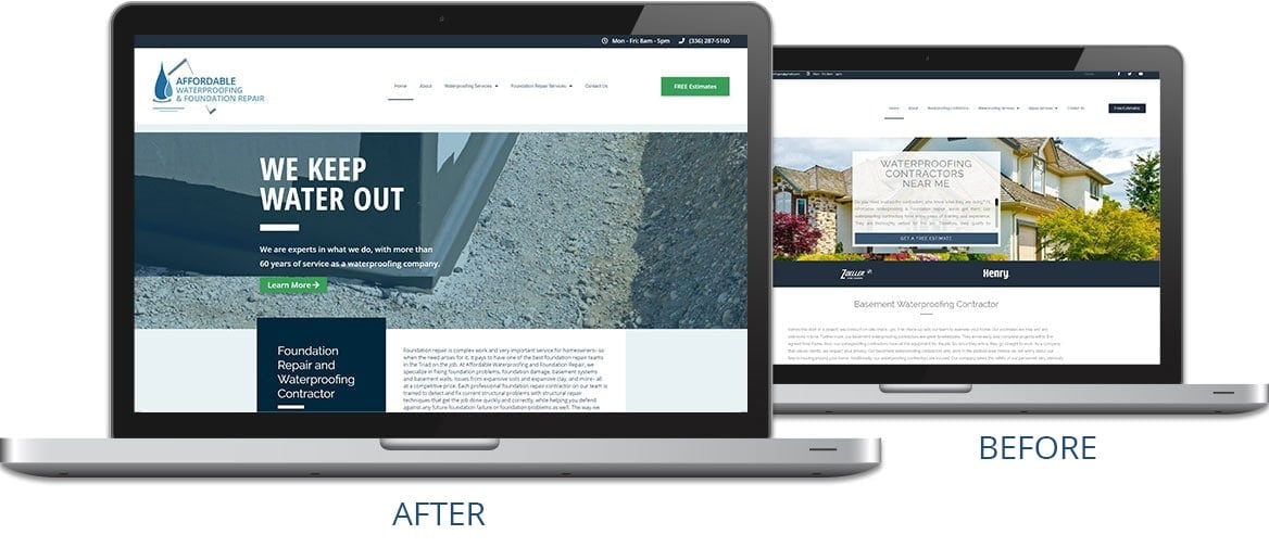 Waterproofing contractor website redesign before and after comparison.