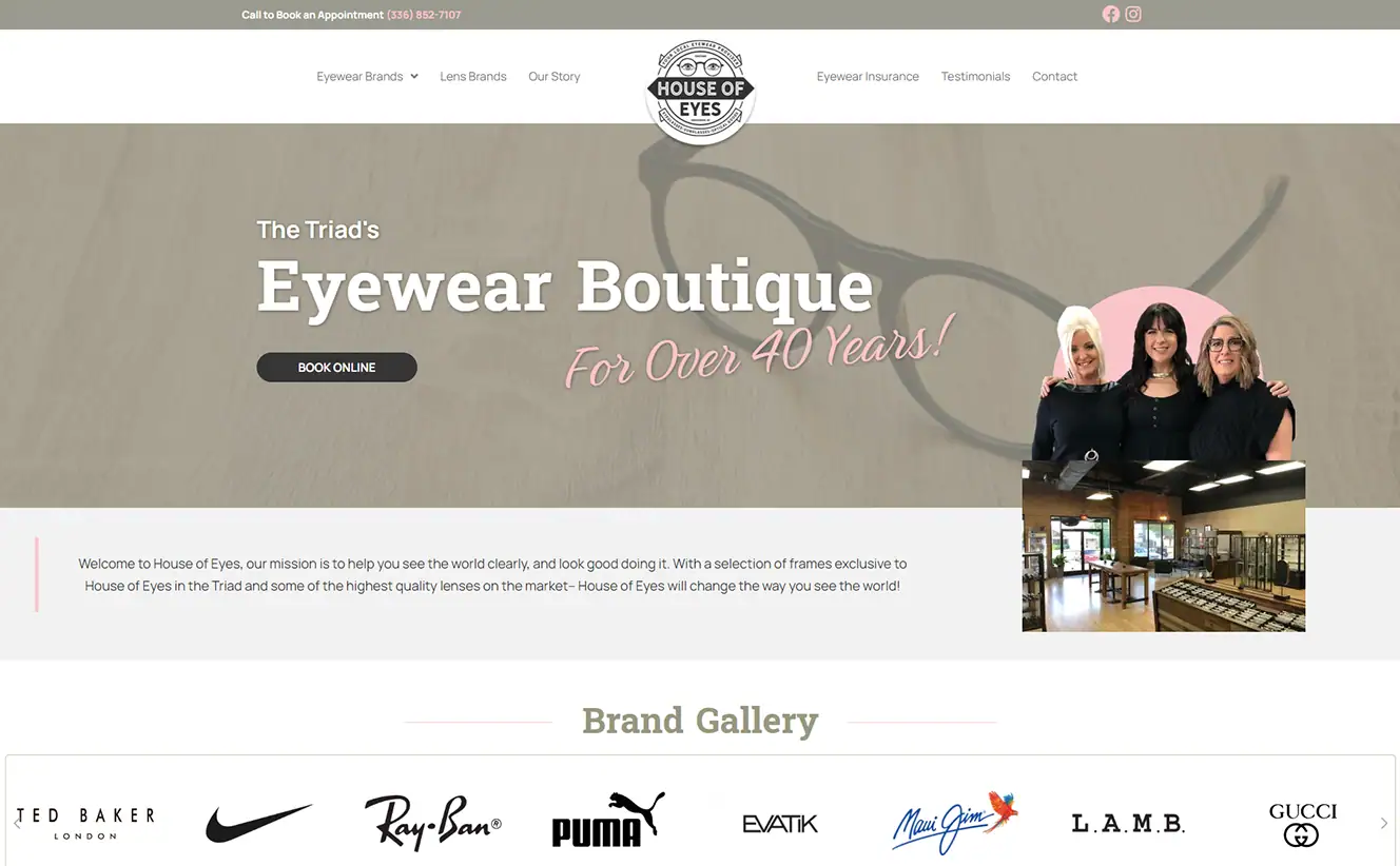 Eyewear boutique storefront with glasses display and staff, for over 40 years of expert eye care and fashionable frames.