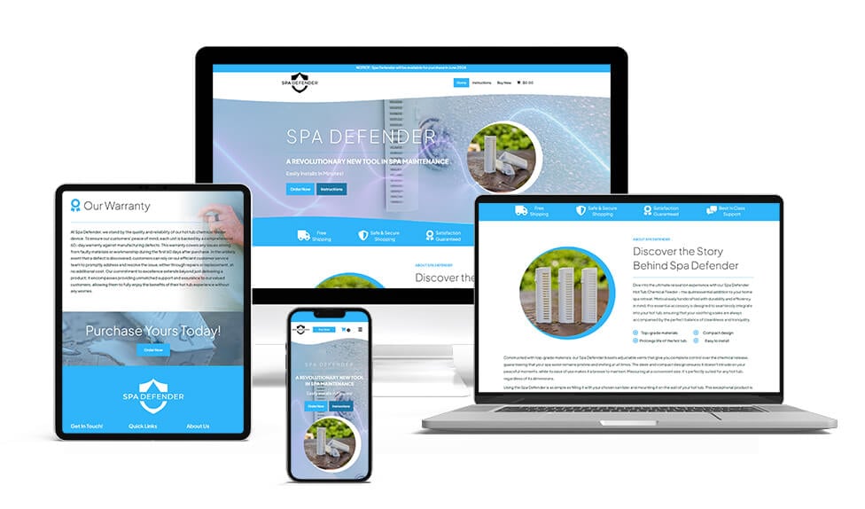 Spa defender product webpage on multiple devices, digital spa maintenance tools, online spa product platform.