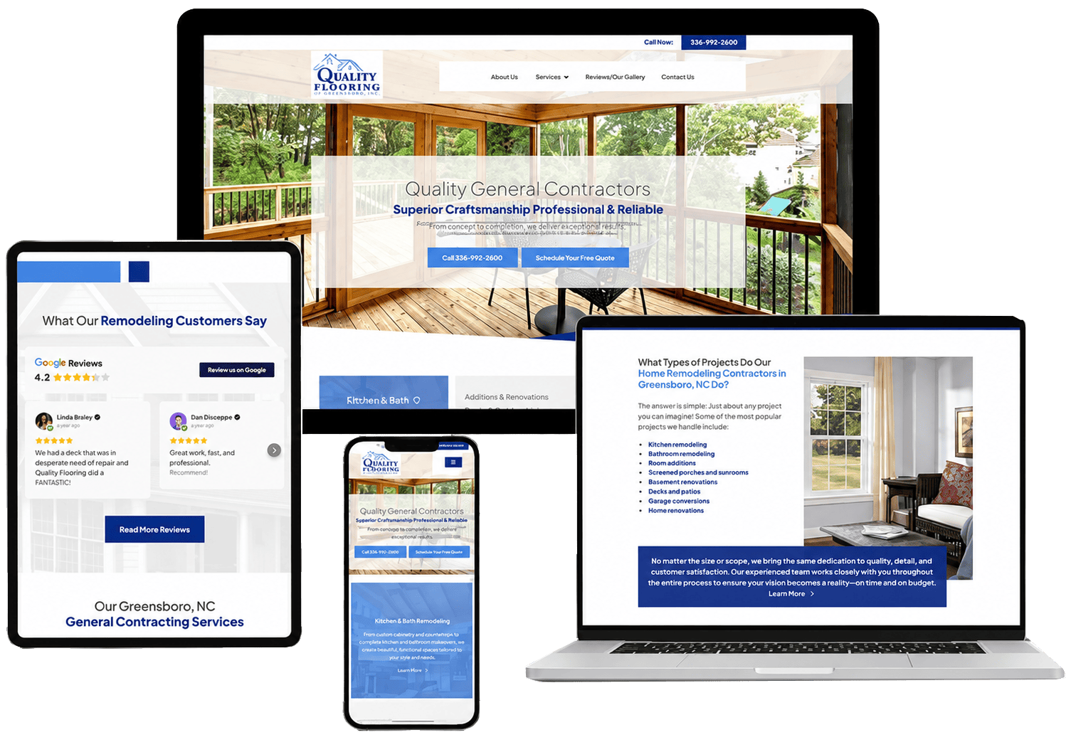 Responsive website design for Quality General Contractors on multiple devices.