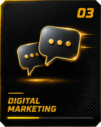 Digital marketing icons with speech bubbles and futuristic design.