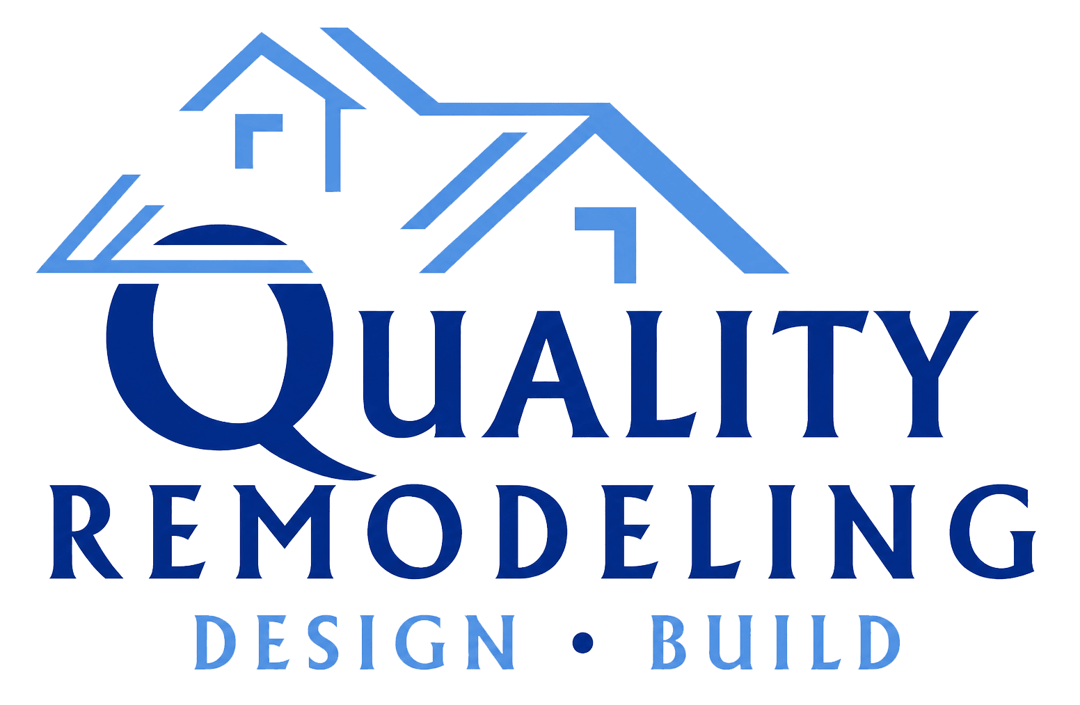 Quality remodeling logo with house and roof graphic in blue color.