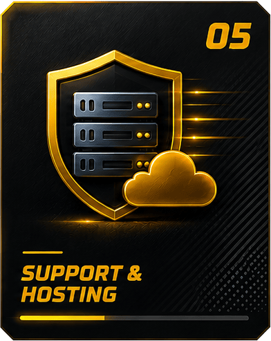 Digital security shield with servers and cloud for support and hosting services.