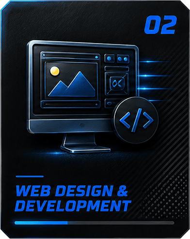 Web design and development concept with computer monitor and coding icon.