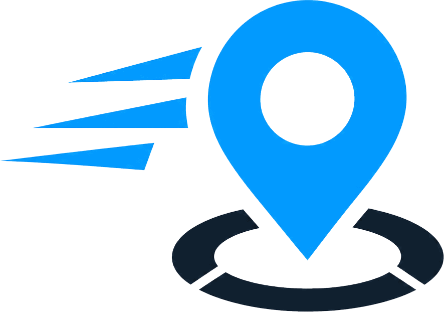 Fast delivery icon with a location pin and motion lines.