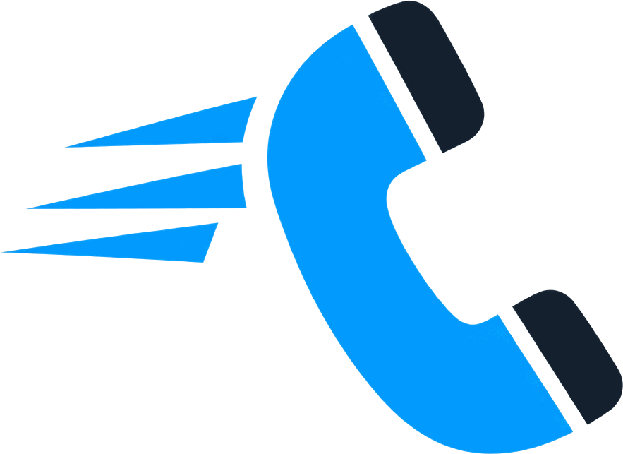 Blue telephone receiver icon with motion lines for speed and communication.
