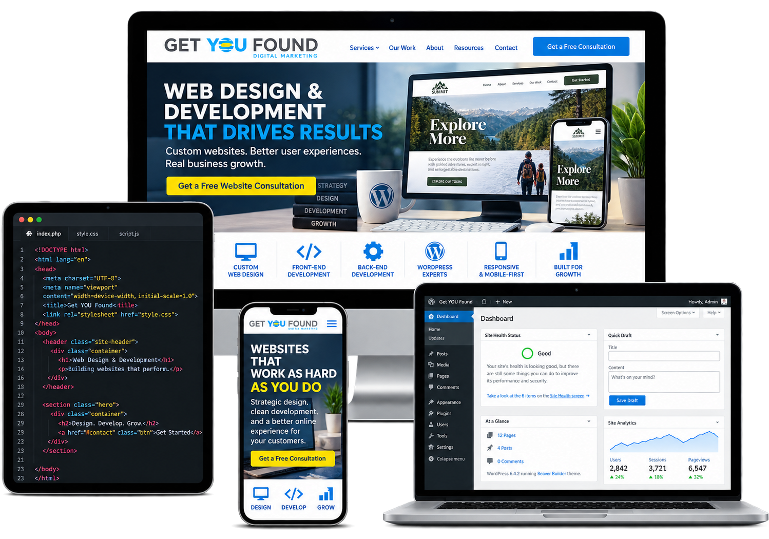 Web design and development services displayed on multiple devices for digital marketing.