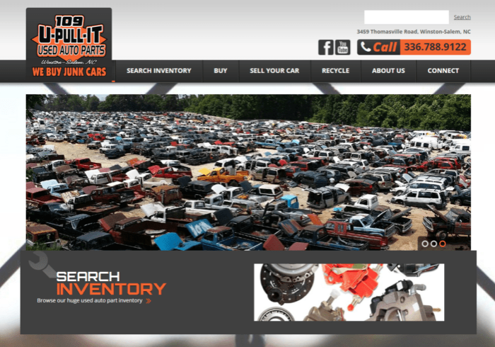 Used auto parts yard with large vehicle inventory for junk car removal and auto recycling.